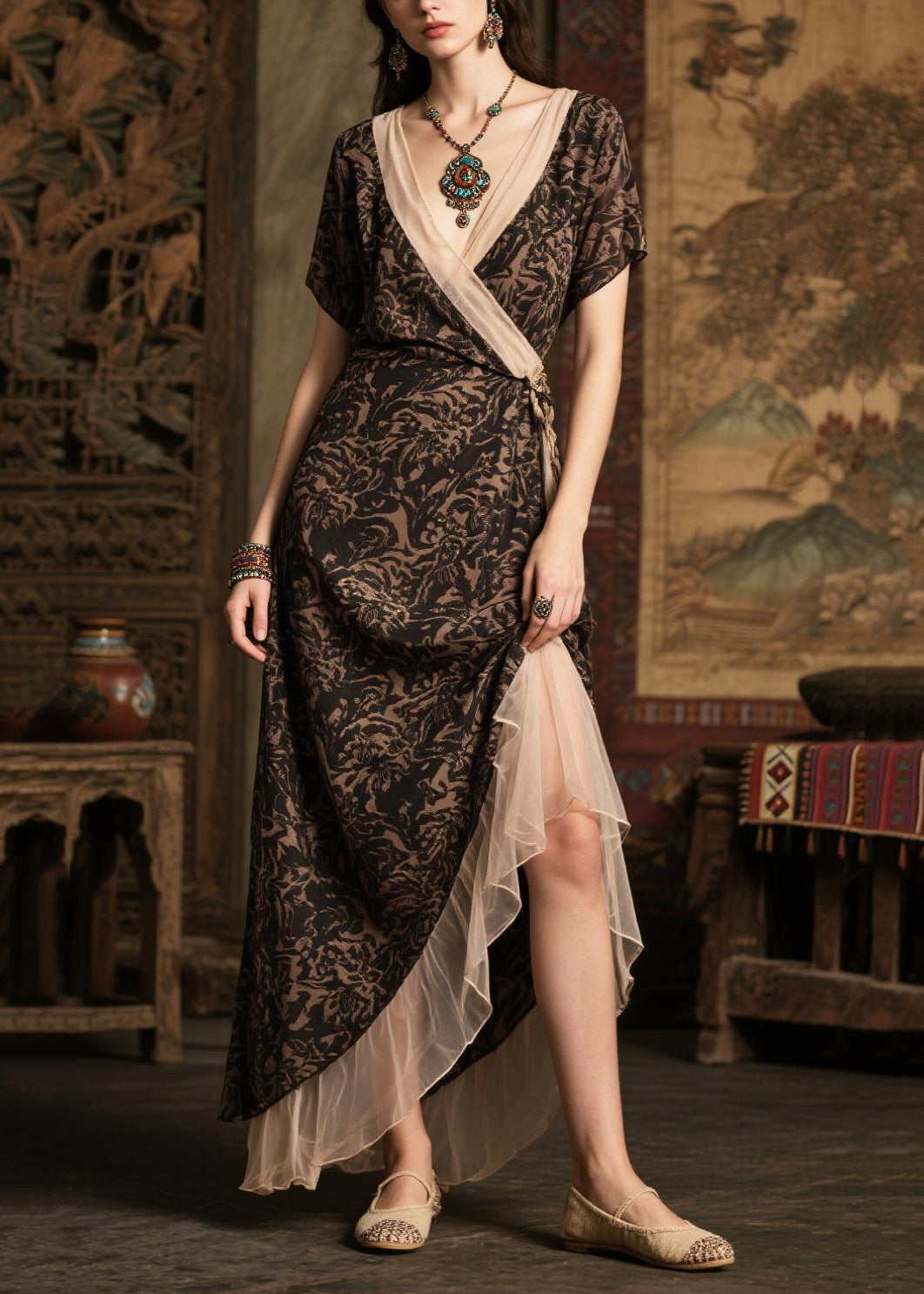 Fine Black Print Patchwork Chiffon Long Dresses Summer