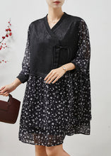 Load image into Gallery viewer, Fine Black Print Patchwork Chinese Button Chiffon Dress Summer
