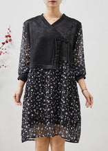 Load image into Gallery viewer, Fine Black Print Patchwork Chinese Button Chiffon Dress Summer