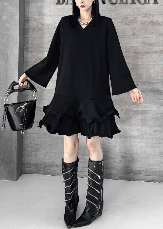 Fine Black Ruffled Cotton Mini Dresses Flare Sleeve