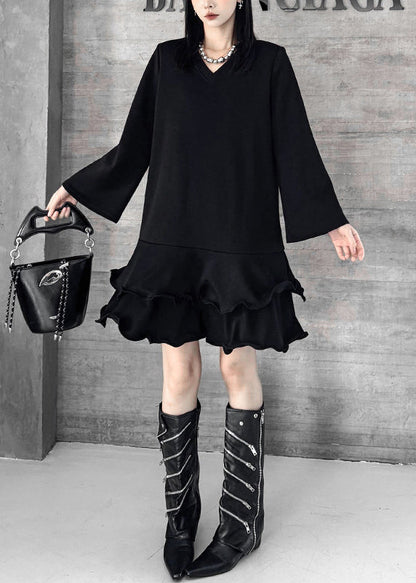 Fine Black Ruffled Cotton Mini Dresses Flare Sleeve