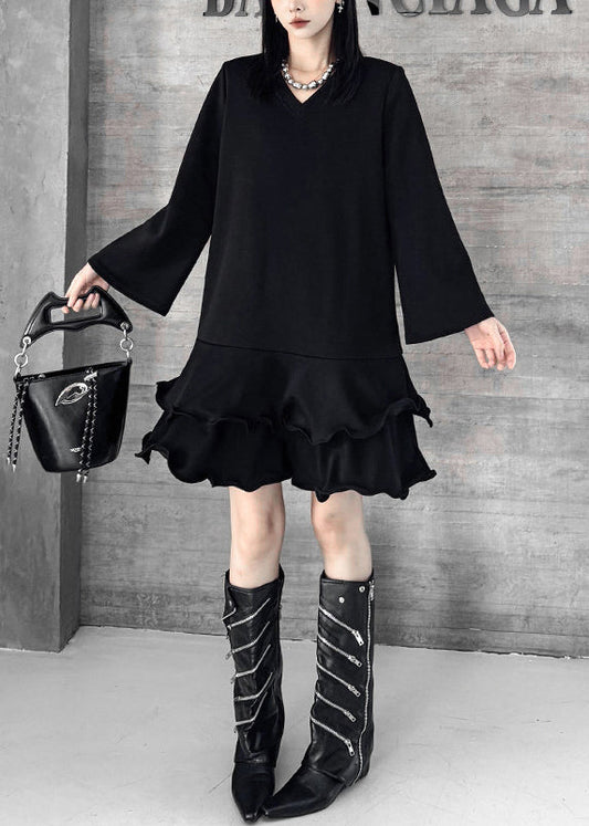 Fine Black Ruffled Cotton Mini Dresses Flare Sleeve
