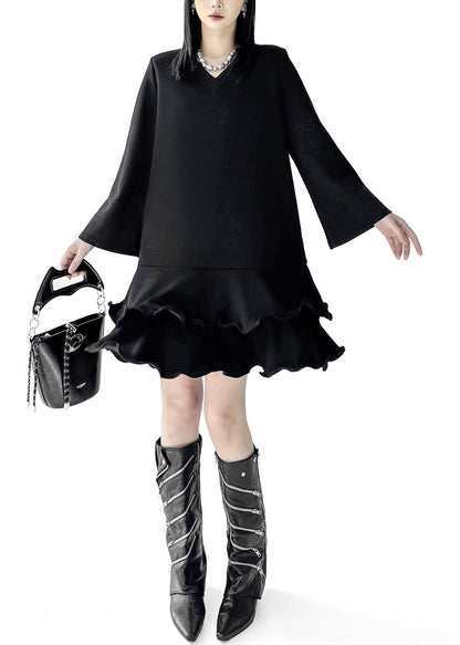 Fine Black Ruffled Cotton Mini Dresses Flare Sleeve