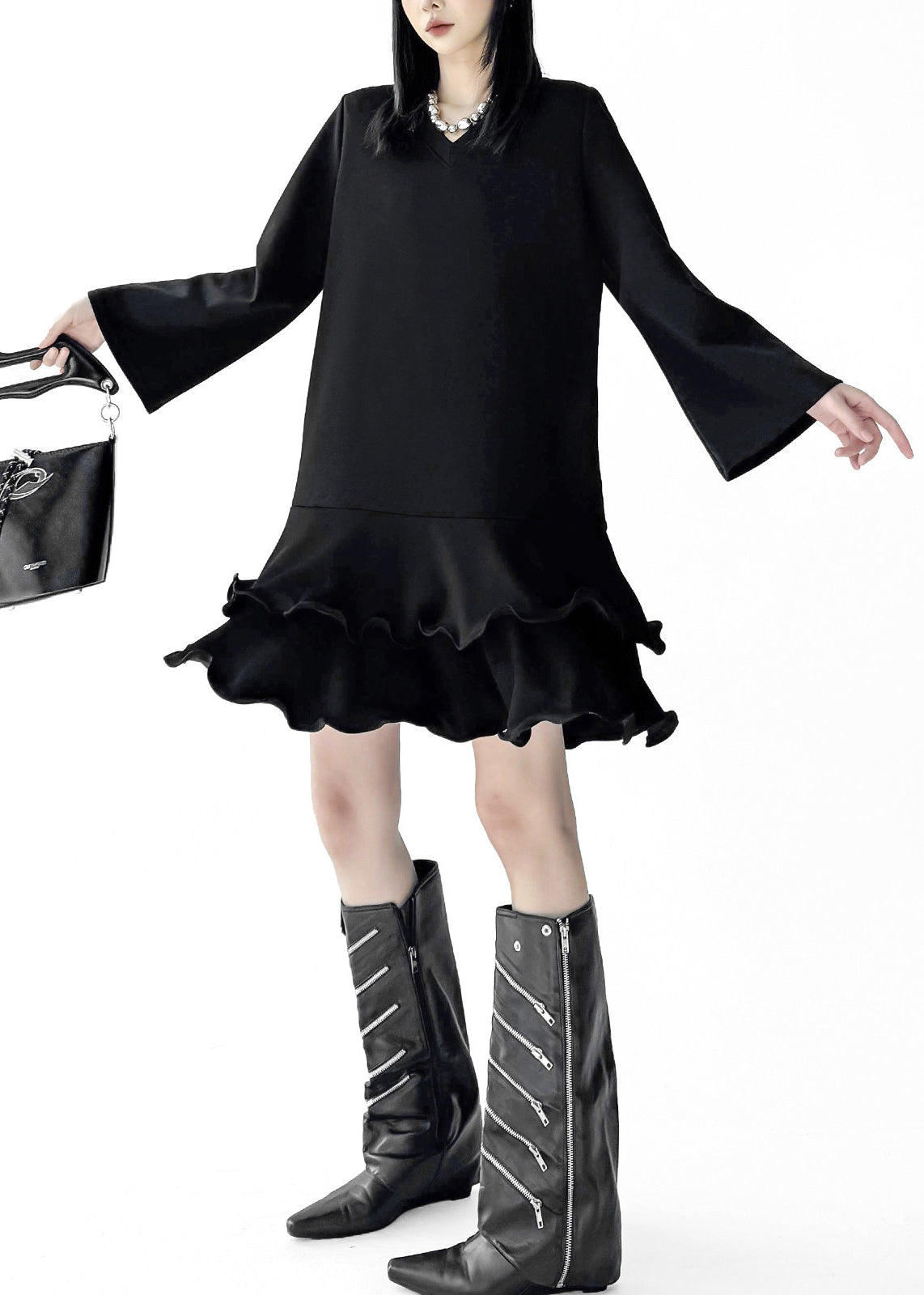 Fine Black Ruffled Cotton Mini Dresses Flare Sleeve