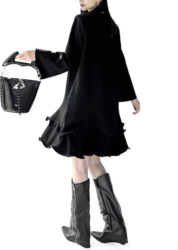 Fine Black Ruffled Cotton Mini Dresses Flare Sleeve