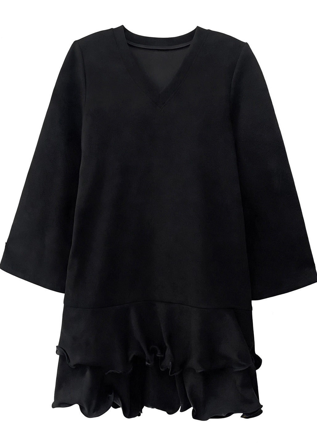 Fine Black Ruffled Cotton Mini Dresses Flare Sleeve