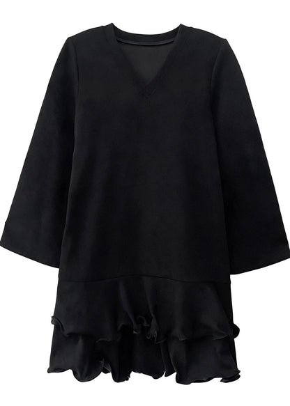 Fine Black Ruffled Cotton Mini Dresses Flare Sleeve