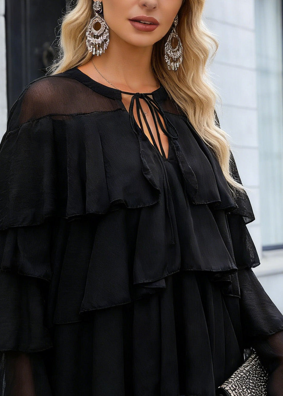 Fine Black Ruffled Patchwork Chiffon Blouse Top Spring