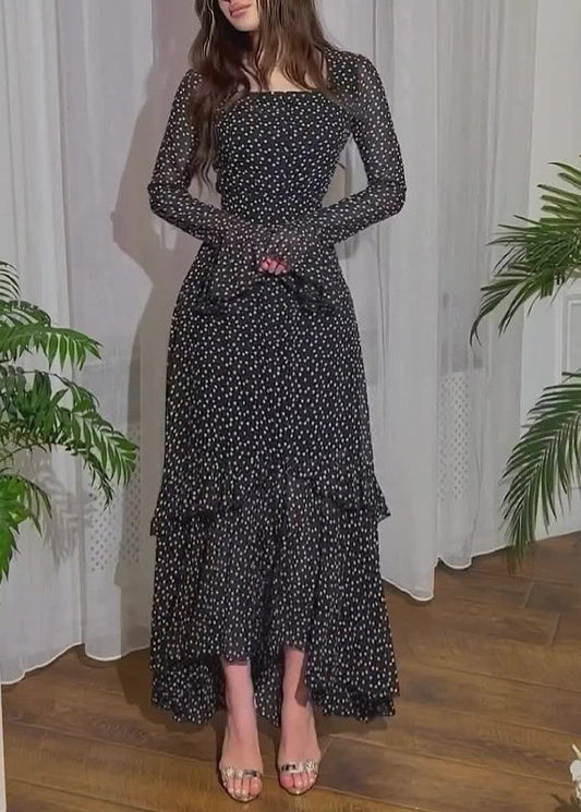 Fine Black Ruffled Print Chiffon Long Dresses Flare Sleeve