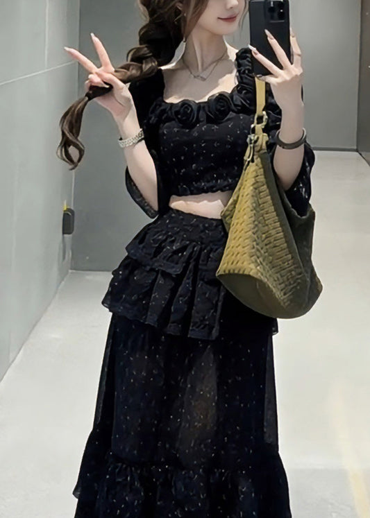 Fine Black Square Collar Floral Top And Maxi Skirts Two Pieces Set Half Sleeve