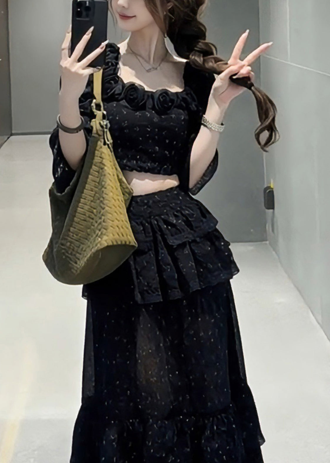 Fine Black Square Collar Floral Top And Maxi Skirts Two Pieces Set Half Sleeve
