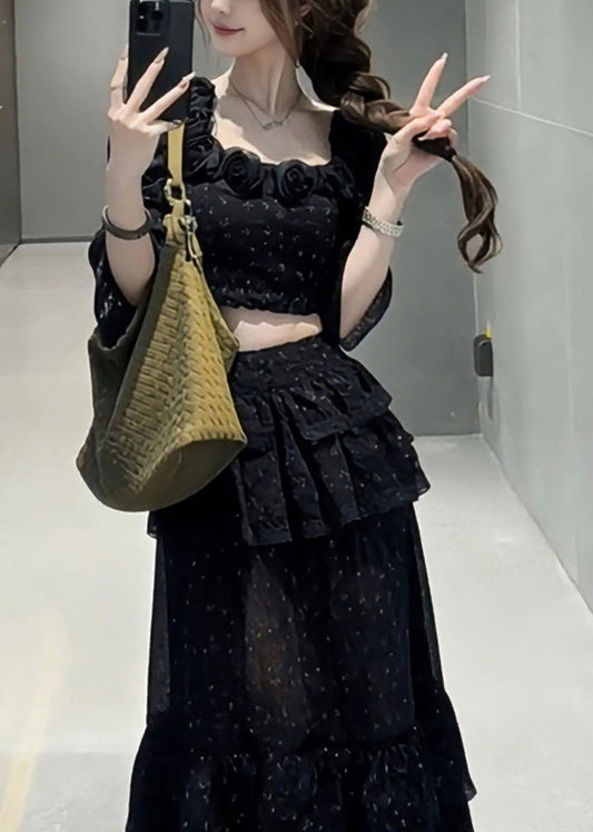 Fine Black Square Collar Floral Top And Maxi Skirts Two Pieces Set Half Sleeve