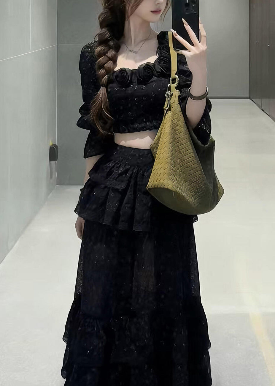 Fine Black Square Collar Floral Top And Maxi Skirts Two Pieces Set Half Sleeve