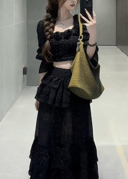 Fine Black Square Collar Floral Top And Maxi Skirts Two Pieces Set Half Sleeve