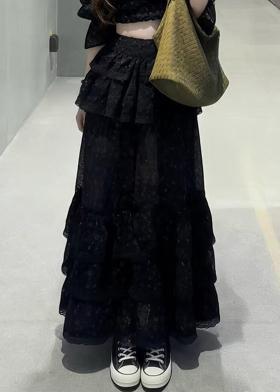 Fine Black Square Collar Floral Top And Maxi Skirts Two Pieces Set Half Sleeve