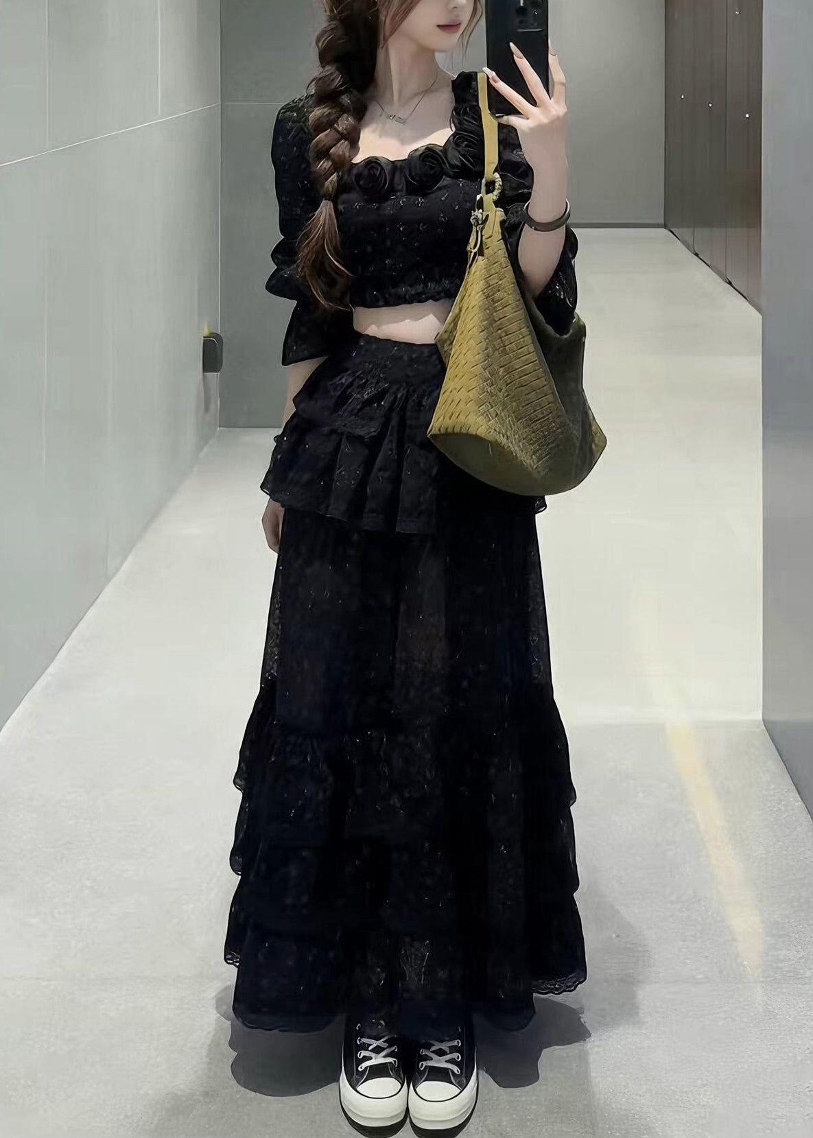 Fine Black Square Collar Floral Top And Maxi Skirts Two Pieces Set Half Sleeve