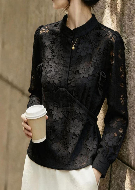 Fine Black Stand Collar Print Lace Shirt Fall