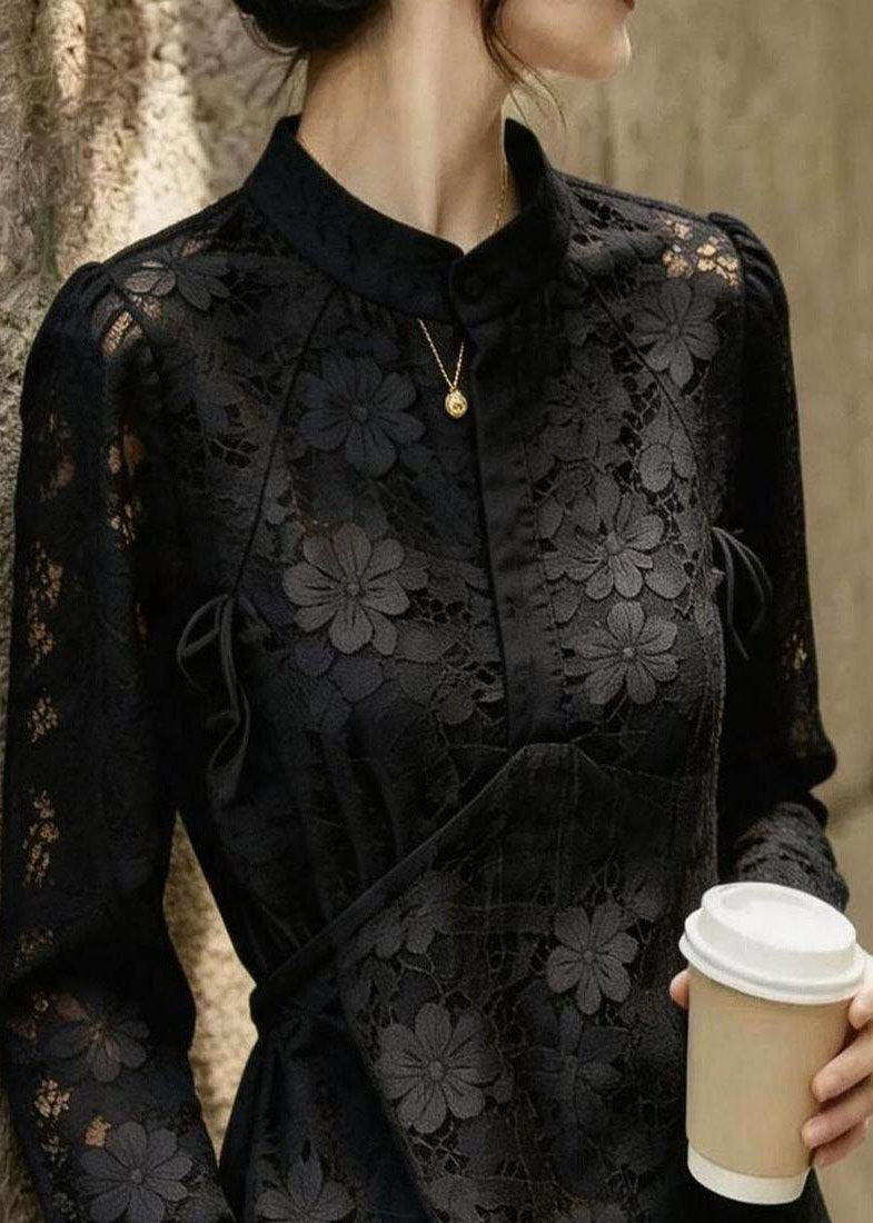Fine Black Stand Collar Print Lace Shirt Fall