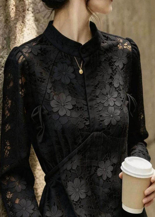 Fine Black Stand Collar Print Lace Shirt Fall
