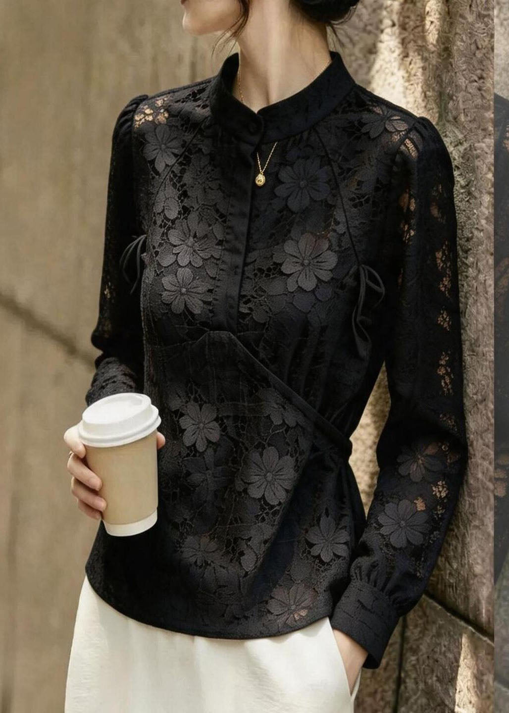 Fine Black Stand Collar Print Lace Shirt Fall