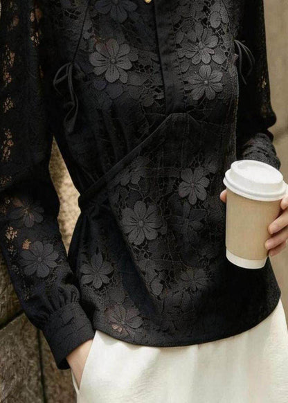 Fine Black Stand Collar Print Lace Shirt Fall