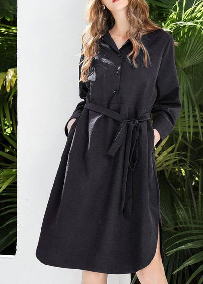 Fine Black Tie waist Cotton Side Open Spring Dresses - SooLinen