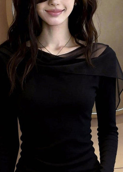 Fine Black Tulle Patchwork Solid Top Fall