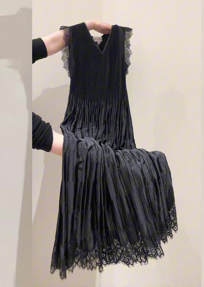 Fine Black V Neck Lace Patchwork Draping Holiday Long Dress Summer