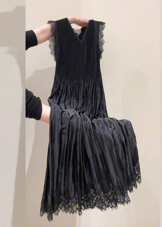 Fine Black V Neck Lace Patchwork Draping Holiday Long Dress Summer