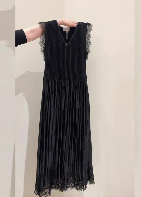 Fine Black V Neck Lace Patchwork Draping Holiday Long Dress Summer