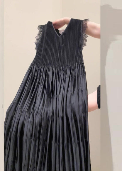 Fine Black V Neck Lace Patchwork Draping Holiday Long Dress Summer