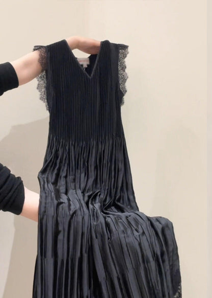 Fine Black V Neck Lace Patchwork Draping Holiday Long Dress Summer