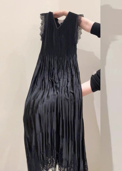 Fine Black V Neck Lace Patchwork Draping Holiday Long Dress Summer