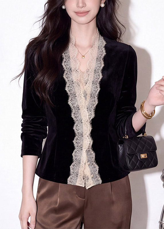 Fine Black V Neck Lace Patchwork Silk Velvet Top Long Sleeve
