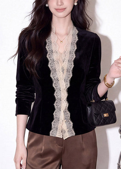Fine Black V Neck Lace Patchwork Silk Velvet Top Long Sleeve