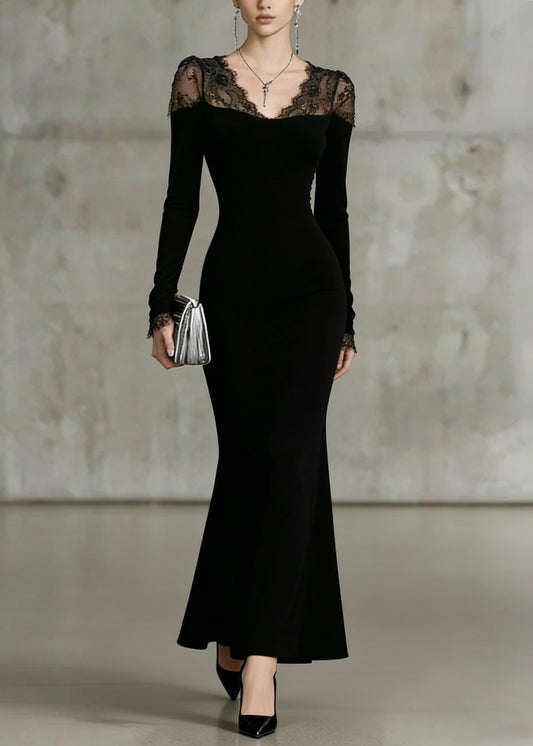 Fine Black V Neck Lace Solid Patchwork Fish Tail Dresses Spring