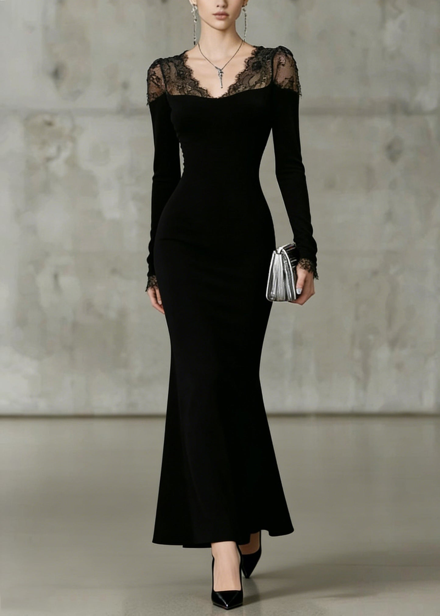 Fine Black V Neck Lace Solid Patchwork Fish Tail Dresses Spring