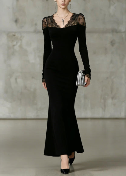 Fine Black V Neck Lace Solid Patchwork Fish Tail Dresses Spring