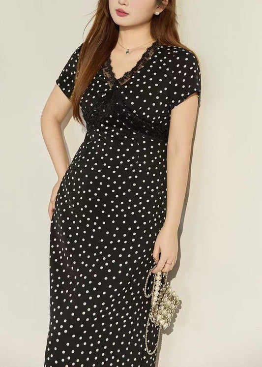 Fine Black V Neck Patchwork Dot Chiffon Dress Summer