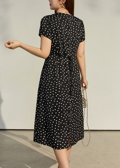 Fine Black V Neck Patchwork Dot Chiffon Dress Summer