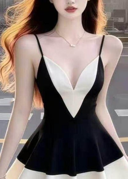 Fine Black V Neck Patchwork Mid Spaghetti Strap Dress Sleeveless