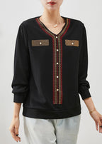 Fine Black V Neck Zircon Cotton Tops Spring