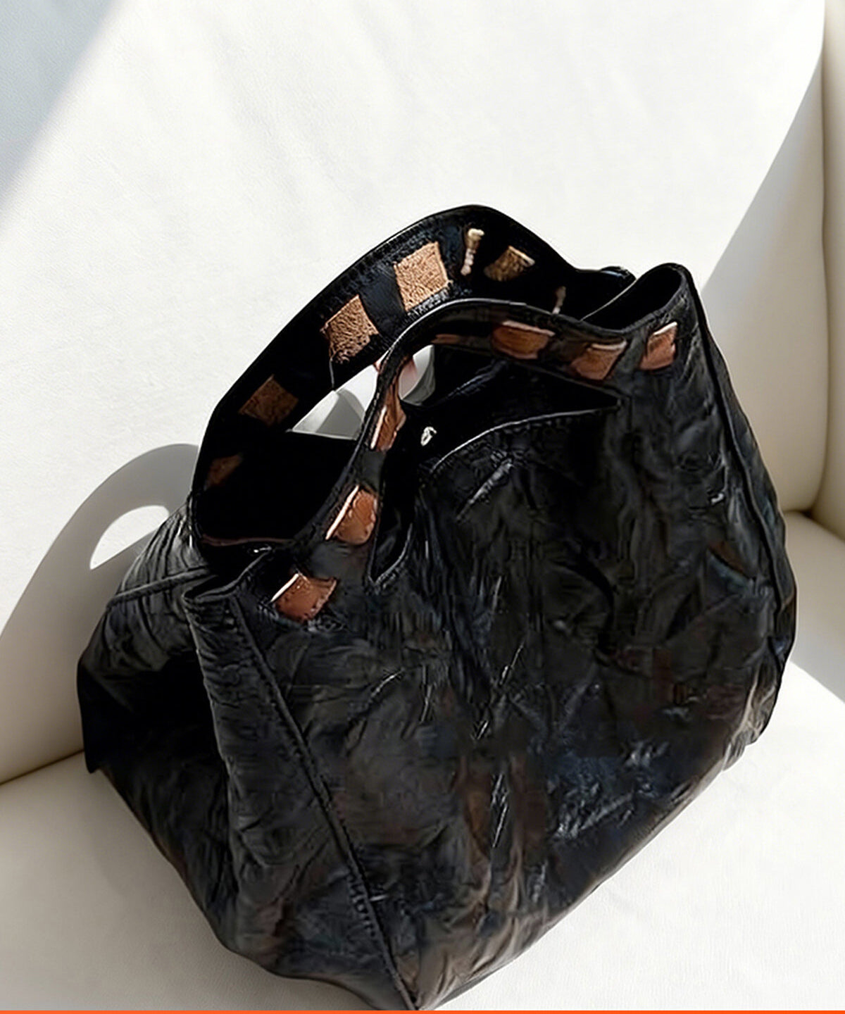 Fine Black Wrinkled Large Capacity Leather Tote Handbag