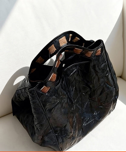 Fine Black Wrinkled Large Capacity Leather Tote Handbag