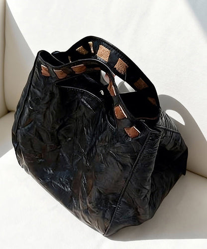 Fine Black Wrinkled Large Capacity Leather Tote Handbag
