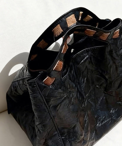 Fine Black Wrinkled Large Capacity Leather Tote Handbag