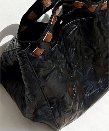 Fine Black Wrinkled Large Capacity Leather Tote Handbag