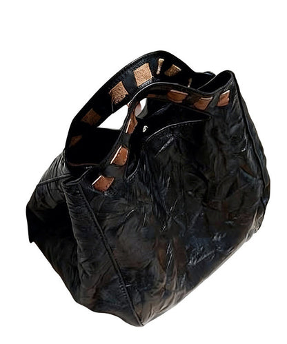 Fine Black Wrinkled Large Capacity Leather Tote Handbag