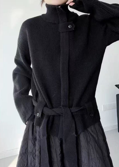 Fine Black Zip Up Tie Waist Knit Cardigan Winter