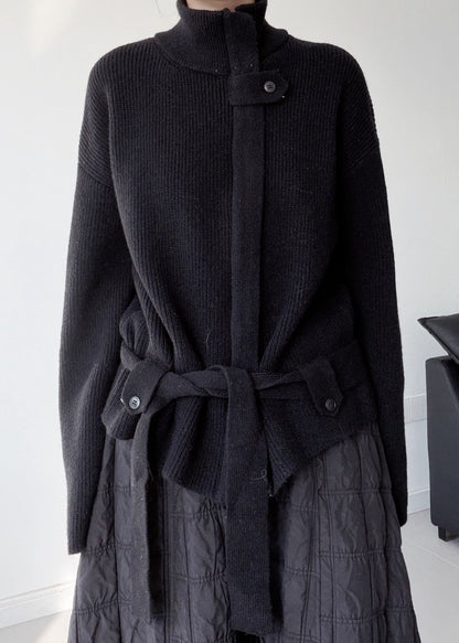 Fine Black Zip Up Tie Waist Knit Cardigan Winter